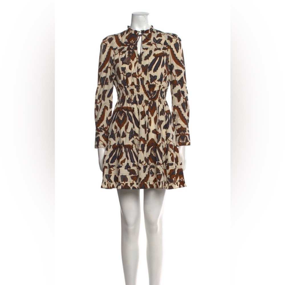 Ulla Johnson Brown Cream Print Mini Dress Sz 0 Boho Ruffle Cotton - Picture 3 of 9